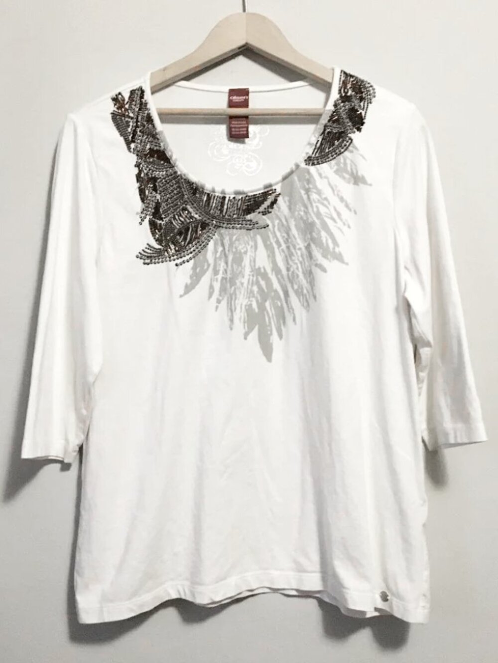 Olsen Europe White Cotton Beaded Sequin Feather Graphic Top 14 Euro Eco Fashion